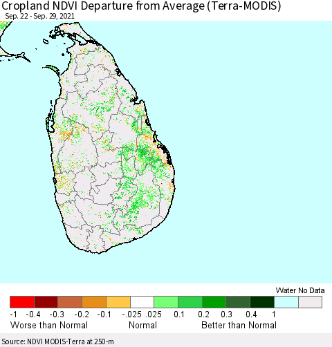 Sri Lanka Cropland NDVI Departure from Average (Terra-MODIS) Thematic Map For 9/22/2021 - 9/29/2021