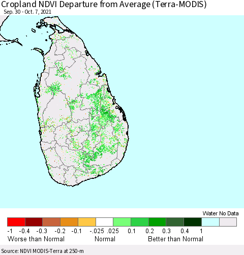 Sri Lanka Cropland NDVI Departure from Average (Terra-MODIS) Thematic Map For 9/30/2021 - 10/7/2021
