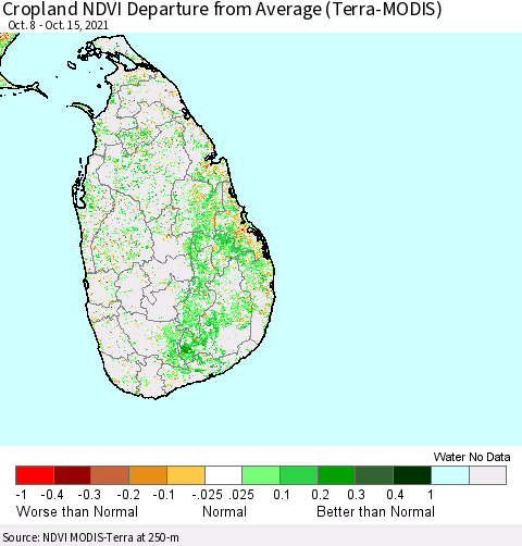 Sri Lanka Cropland NDVI Departure from Average (Terra-MODIS) Thematic Map For 10/8/2021 - 10/15/2021