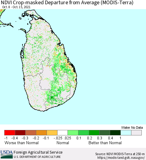 Sri Lanka NDVI Crop-masked Departure from Average (MODIS-Terra) Thematic Map For 10/11/2021 - 10/20/2021