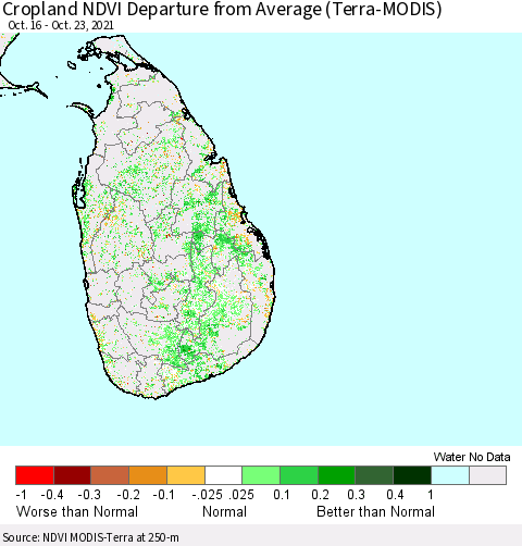 Sri Lanka Cropland NDVI Departure from Average (Terra-MODIS) Thematic Map For 10/16/2021 - 10/23/2021