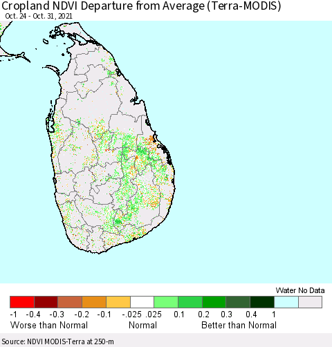 Sri Lanka Cropland NDVI Departure from Average (Terra-MODIS) Thematic Map For 10/24/2021 - 10/31/2021