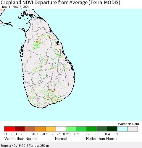 Sri Lanka Cropland NDVI Departure from Average (Terra-MODIS) Thematic Map For 11/1/2021 - 11/8/2021
