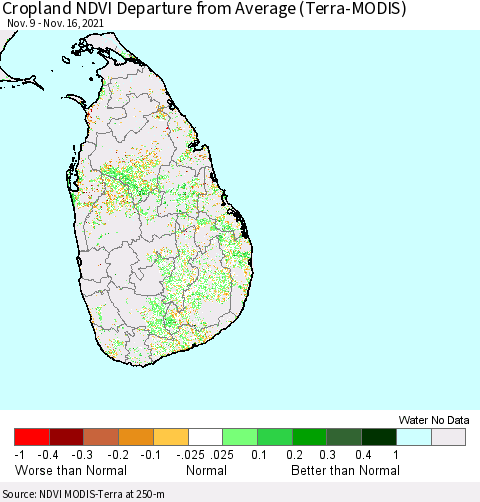Sri Lanka Cropland NDVI Departure from Average (Terra-MODIS) Thematic Map For 11/9/2021 - 11/16/2021