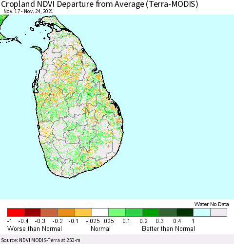 Sri Lanka Cropland NDVI Departure from Average (Terra-MODIS) Thematic Map For 11/17/2021 - 11/24/2021