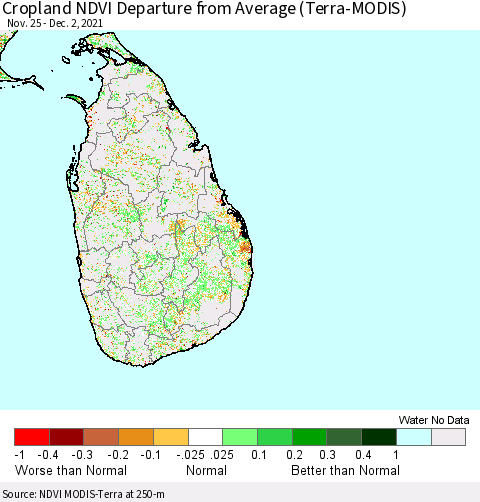 Sri Lanka Cropland NDVI Departure from Average (Terra-MODIS) Thematic Map For 11/25/2021 - 12/2/2021