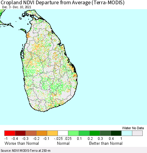 Sri Lanka Cropland NDVI Departure from Average (Terra-MODIS) Thematic Map For 12/3/2021 - 12/10/2021