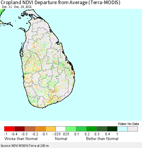 Sri Lanka Cropland NDVI Departure from Average (Terra-MODIS) Thematic Map For 12/11/2021 - 12/18/2021