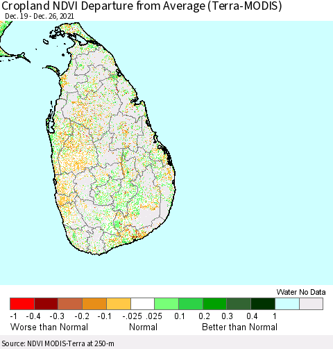 Sri Lanka Cropland NDVI Departure from Average (Terra-MODIS) Thematic Map For 12/26/2021 - 1/2/2022
