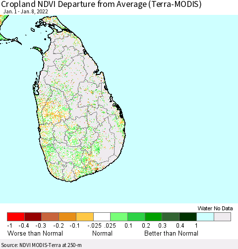Sri Lanka Cropland NDVI Departure from Average (Terra-MODIS) Thematic Map For 1/1/2022 - 1/8/2022