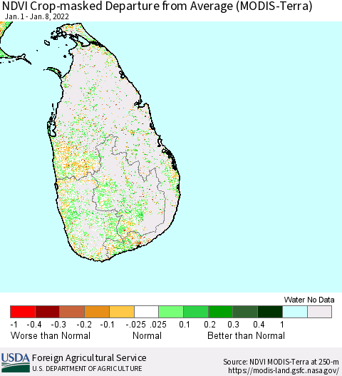 Sri Lanka NDVI Crop-masked Departure from Average (MODIS-Terra) Thematic Map For 1/1/2022 - 1/10/2022