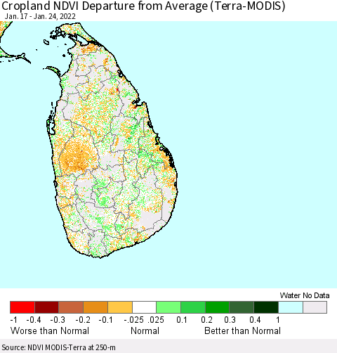 Sri Lanka Cropland NDVI Departure from Average (Terra-MODIS) Thematic Map For 1/17/2022 - 1/24/2022