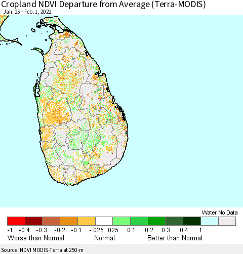 Sri Lanka Cropland NDVI Departure from Average (Terra-MODIS) Thematic Map For 1/25/2022 - 2/1/2022