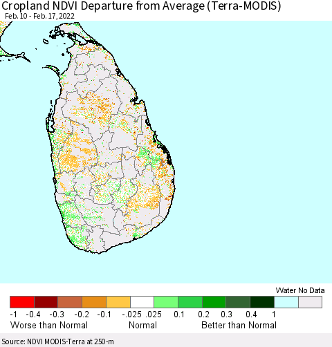 Sri Lanka Cropland NDVI Departure from Average (Terra-MODIS) Thematic Map For 2/10/2022 - 2/17/2022