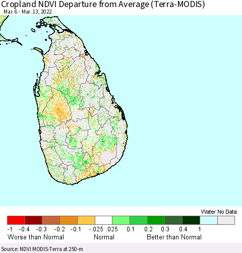 Sri Lanka Cropland NDVI Departure from Average (Terra-MODIS) Thematic Map For 3/6/2022 - 3/13/2022