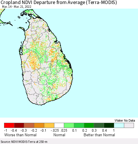 Sri Lanka Cropland NDVI Departure from Average (Terra-MODIS) Thematic Map For 3/14/2022 - 3/21/2022