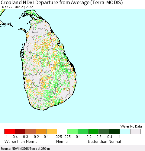 Sri Lanka Cropland NDVI Departure from Average (Terra-MODIS) Thematic Map For 3/22/2022 - 3/29/2022