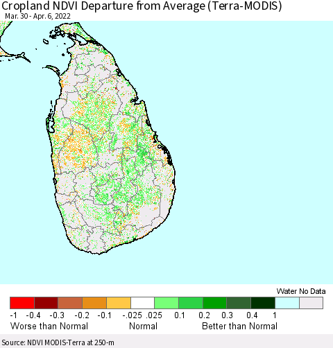 Sri Lanka Cropland NDVI Departure from Average (Terra-MODIS) Thematic Map For 3/30/2022 - 4/6/2022