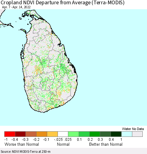 Sri Lanka Cropland NDVI Departure from Average (Terra-MODIS) Thematic Map For 4/7/2022 - 4/14/2022