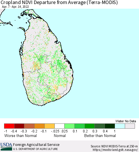 Sri Lanka Cropland NDVI Departure from Average (Terra-MODIS) Thematic Map For 4/11/2022 - 4/20/2022