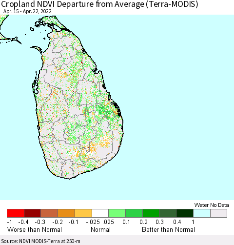 Sri Lanka Cropland NDVI Departure from Average (Terra-MODIS) Thematic Map For 4/15/2022 - 4/22/2022
