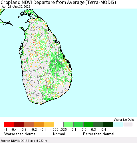 Sri Lanka Cropland NDVI Departure from Average (Terra-MODIS) Thematic Map For 4/21/2022 - 4/30/2022