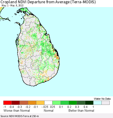 Sri Lanka Cropland NDVI Departure from Average (Terra-MODIS) Thematic Map For 5/1/2022 - 5/8/2022