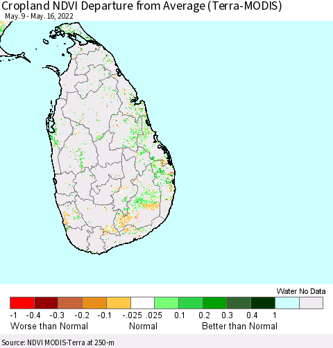 Sri Lanka Cropland NDVI Departure from Average (Terra-MODIS) Thematic Map For 5/9/2022 - 5/16/2022
