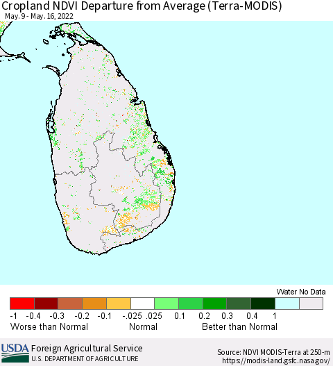 Sri Lanka Cropland NDVI Departure from Average (Terra-MODIS) Thematic Map For 5/11/2022 - 5/20/2022