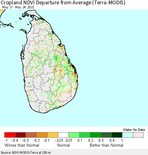 Sri Lanka Cropland NDVI Departure from Average (Terra-MODIS) Thematic Map For 5/17/2022 - 5/24/2022