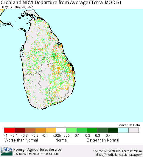 Sri Lanka Cropland NDVI Departure from Average (Terra-MODIS) Thematic Map For 5/21/2022 - 5/31/2022