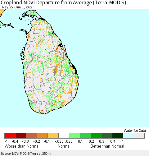 Sri Lanka Cropland NDVI Departure from Average (Terra-MODIS) Thematic Map For 5/25/2022 - 6/1/2022