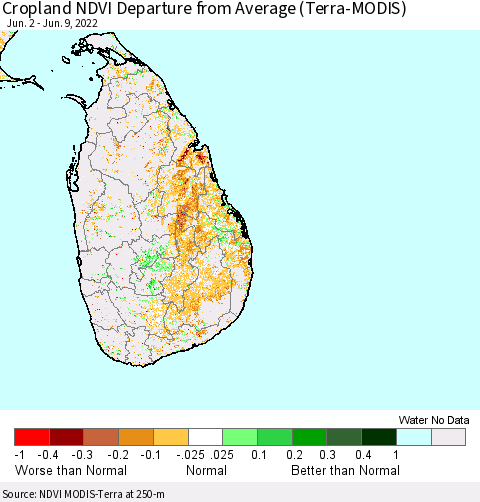 Sri Lanka Cropland NDVI Departure from Average (Terra-MODIS) Thematic Map For 6/2/2022 - 6/9/2022