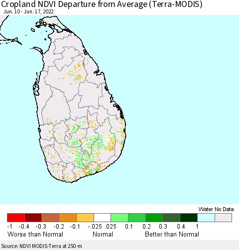 Sri Lanka Cropland NDVI Departure from Average (Terra-MODIS) Thematic Map For 6/10/2022 - 6/17/2022