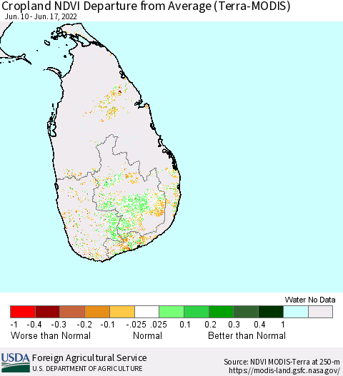 Sri Lanka Cropland NDVI Departure from Average (Terra-MODIS) Thematic Map For 6/11/2022 - 6/20/2022