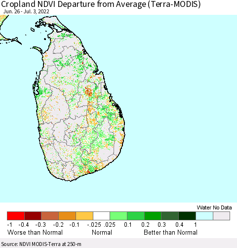 Sri Lanka Cropland NDVI Departure from Average (Terra-MODIS) Thematic Map For 6/26/2022 - 7/3/2022