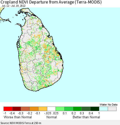 Sri Lanka Cropland NDVI Departure from Average (Terra-MODIS) Thematic Map For 7/12/2022 - 7/19/2022