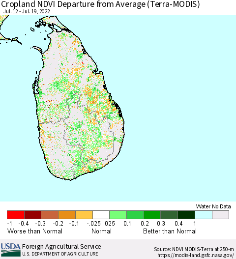 Sri Lanka Cropland NDVI Departure from Average (Terra-MODIS) Thematic Map For 7/11/2022 - 7/20/2022