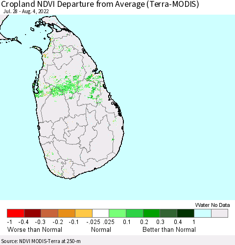 Sri Lanka Cropland NDVI Departure from Average (Terra-MODIS) Thematic Map For 7/28/2022 - 8/4/2022