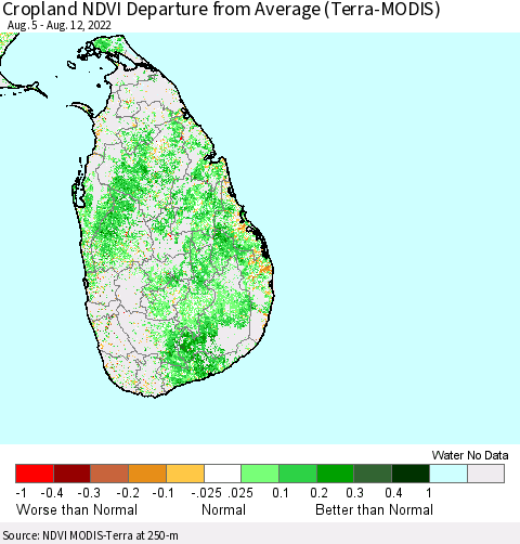 Sri Lanka Cropland NDVI Departure from Average (Terra-MODIS) Thematic Map For 8/5/2022 - 8/12/2022