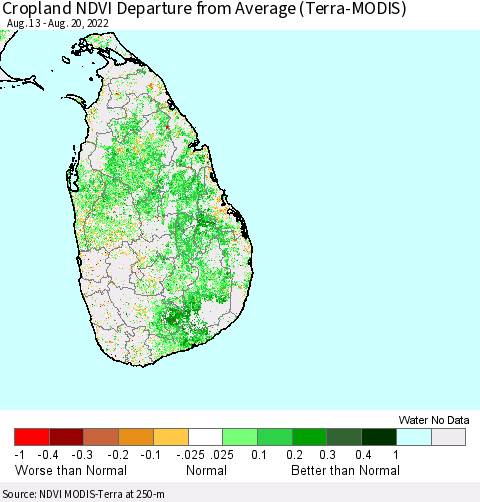 Sri Lanka Cropland NDVI Departure from Average (Terra-MODIS) Thematic Map For 8/11/2022 - 8/20/2022