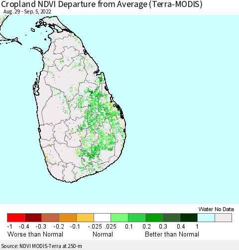 Sri Lanka Cropland NDVI Departure from Average (Terra-MODIS) Thematic Map For 8/29/2022 - 9/5/2022