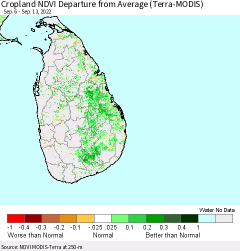 Sri Lanka Cropland NDVI Departure from Average (Terra-MODIS) Thematic Map For 9/6/2022 - 9/13/2022
