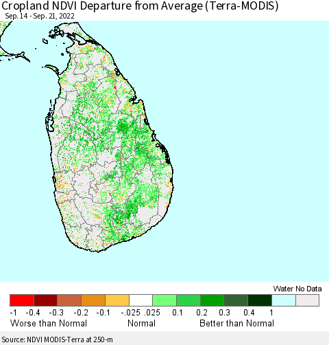 Sri Lanka Cropland NDVI Departure from Average (Terra-MODIS) Thematic Map For 9/14/2022 - 9/21/2022