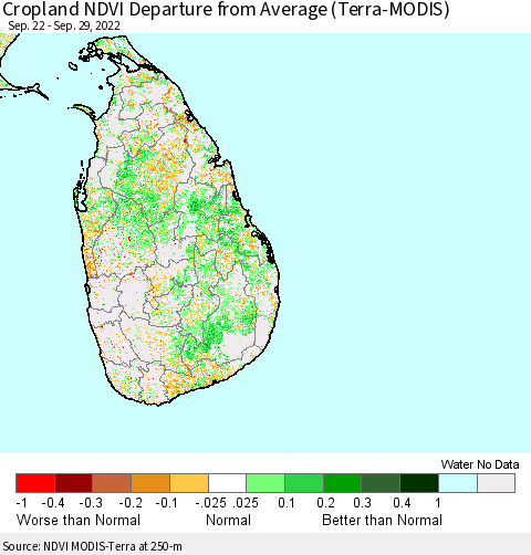 Sri Lanka Cropland NDVI Departure from Average (Terra-MODIS) Thematic Map For 9/22/2022 - 9/29/2022