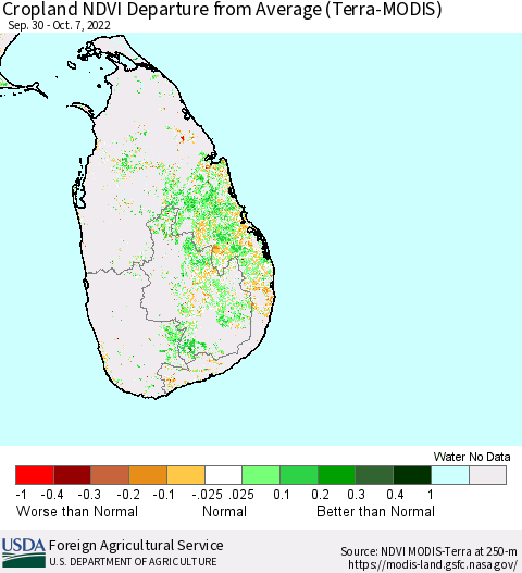 Sri Lanka Cropland NDVI Departure from Average (Terra-MODIS) Thematic Map For 10/1/2022 - 10/10/2022