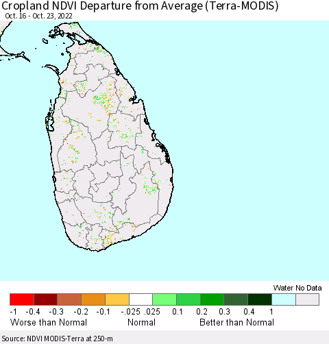 Sri Lanka Cropland NDVI Departure from Average (Terra-MODIS) Thematic Map For 10/16/2022 - 10/23/2022