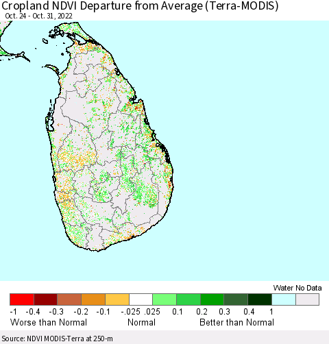 Sri Lanka Cropland NDVI Departure from Average (Terra-MODIS) Thematic Map For 10/21/2022 - 10/31/2022