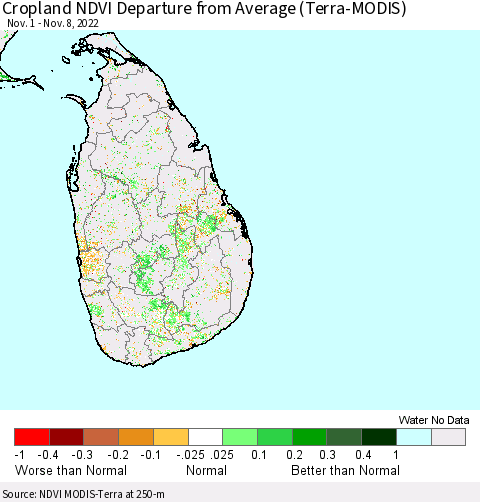 Sri Lanka Cropland NDVI Departure from Average (Terra-MODIS) Thematic Map For 11/1/2022 - 11/8/2022