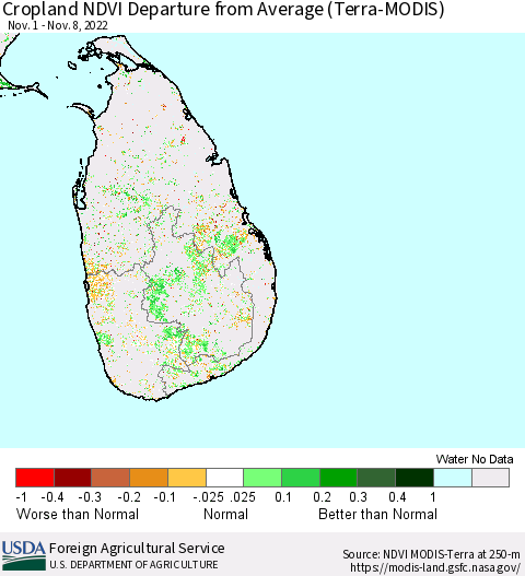 Sri Lanka Cropland NDVI Departure from Average (Terra-MODIS) Thematic Map For 11/1/2022 - 11/10/2022